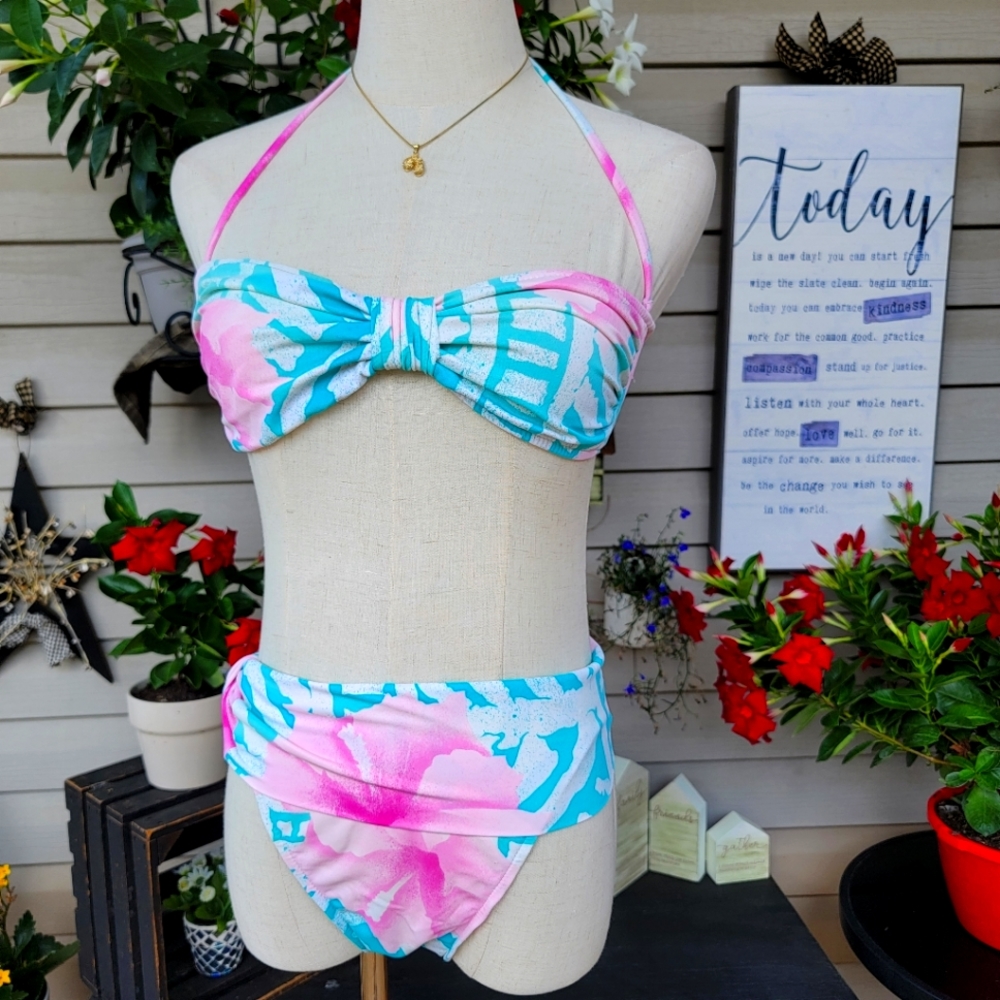 LEILANI JONES ♡ Gorgeous Vintage 3pc Blue Pink 'n White Floral Bikini 10
